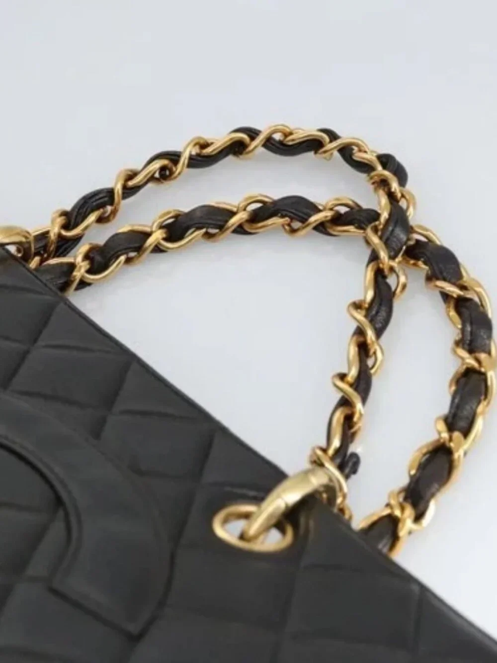 CHANEL Matelasse Chain Hand Bag Lamb Skin Black Gold CC Auth yk15908V